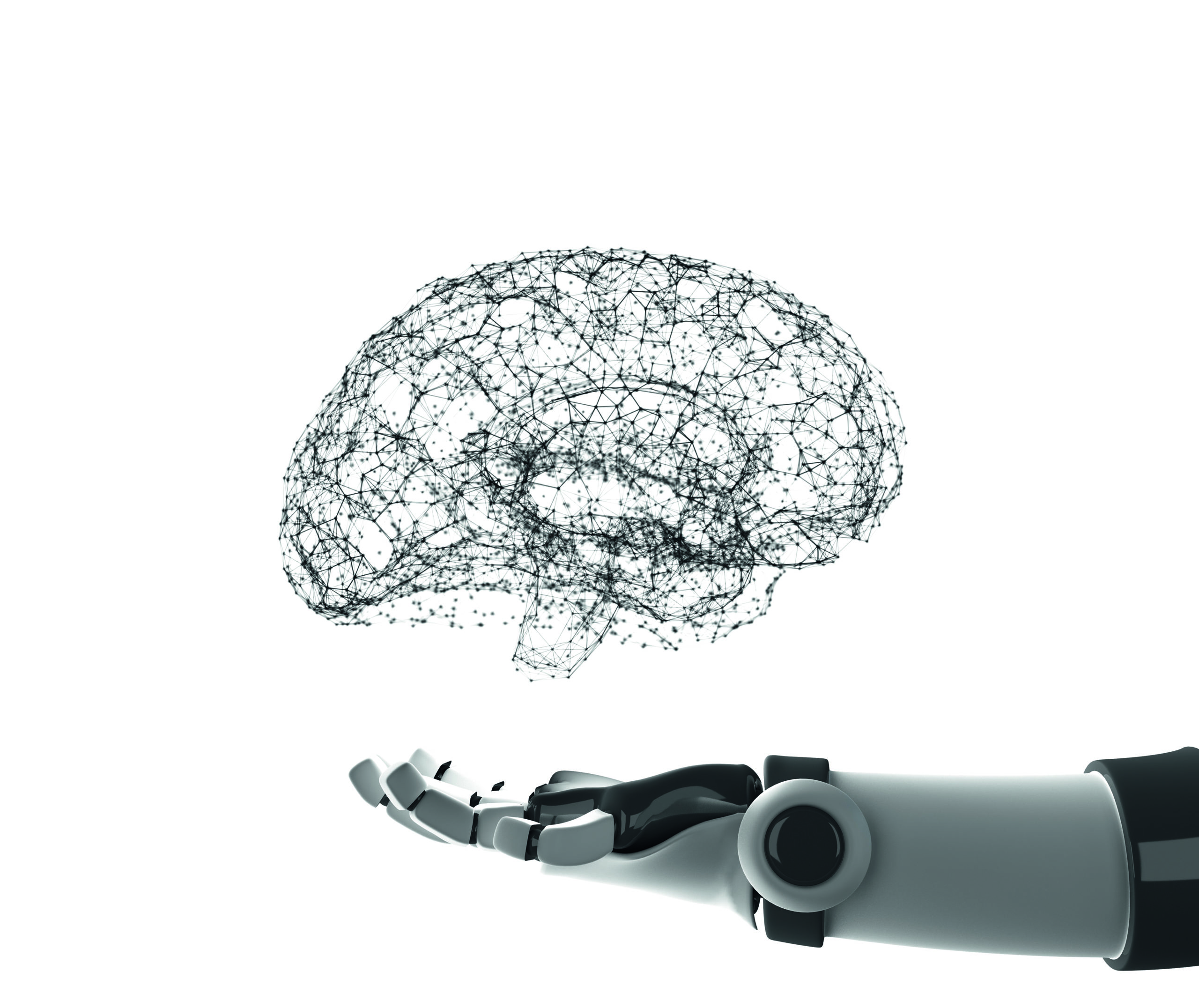 Roboterhand hält virtuelles Gehirn isoliert auf weiß. Künstliche Intelligenz in der futuristischen Technologie-Konzept, 3d Illustration