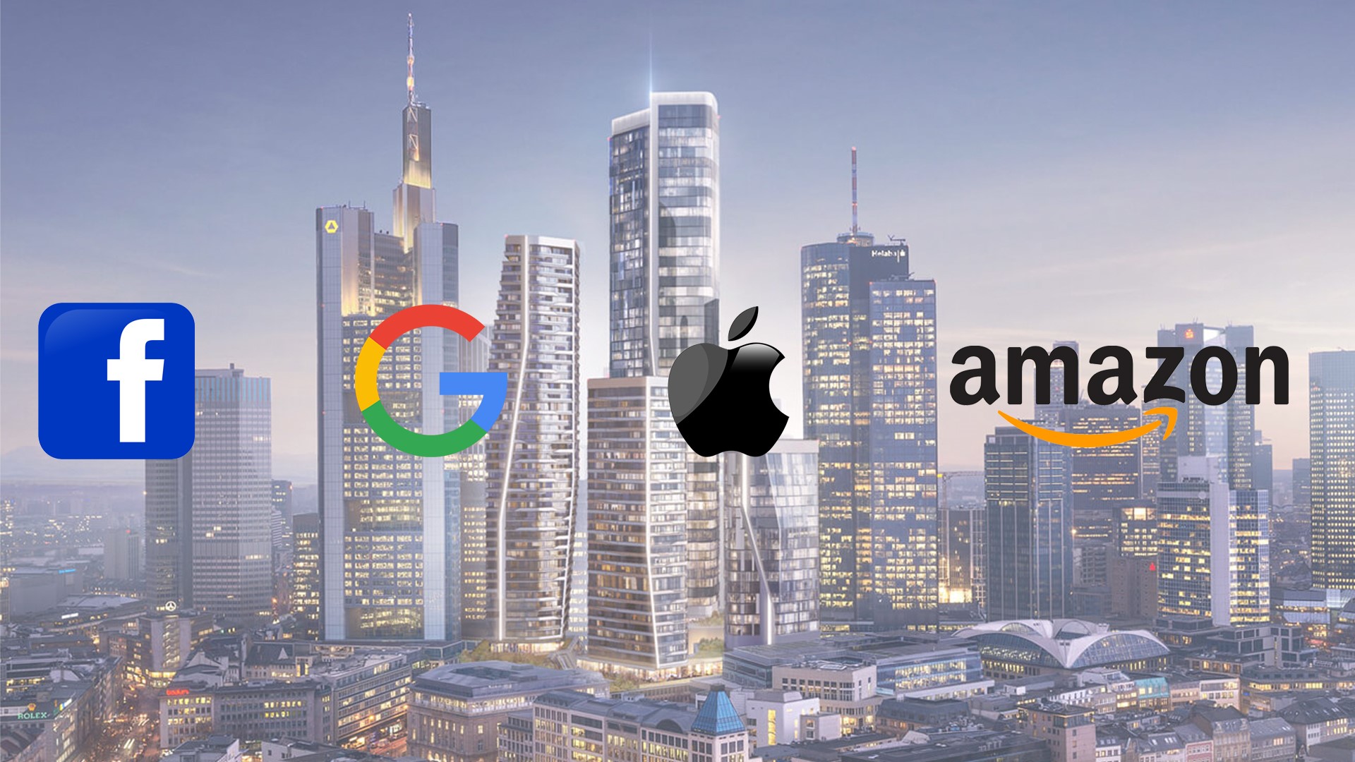 Skyline mit Facebook, google , apple und amazon logo