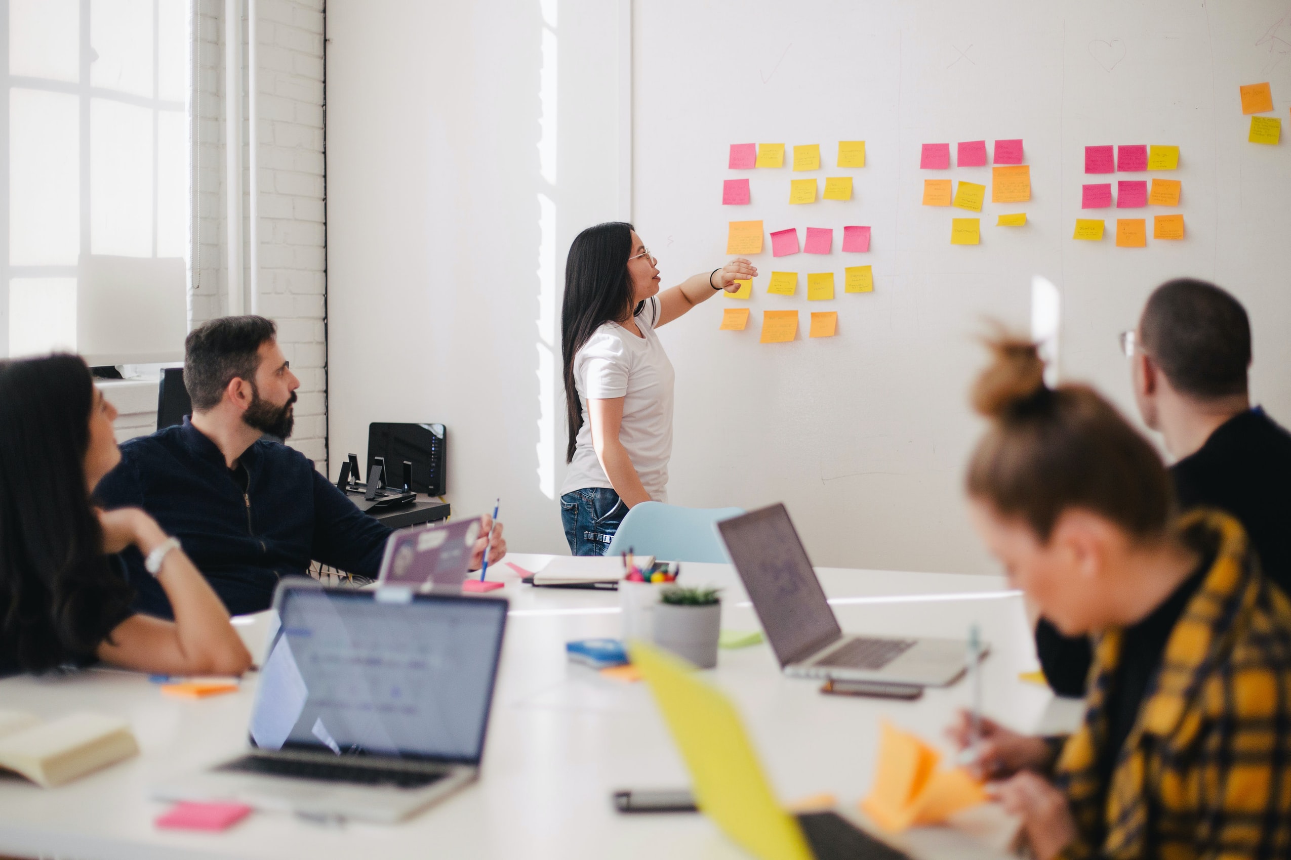 Agiles portfolio: Team am Brainstorming während eines Meetings wobei die agile Technik Kanban zum Einsatz kommt