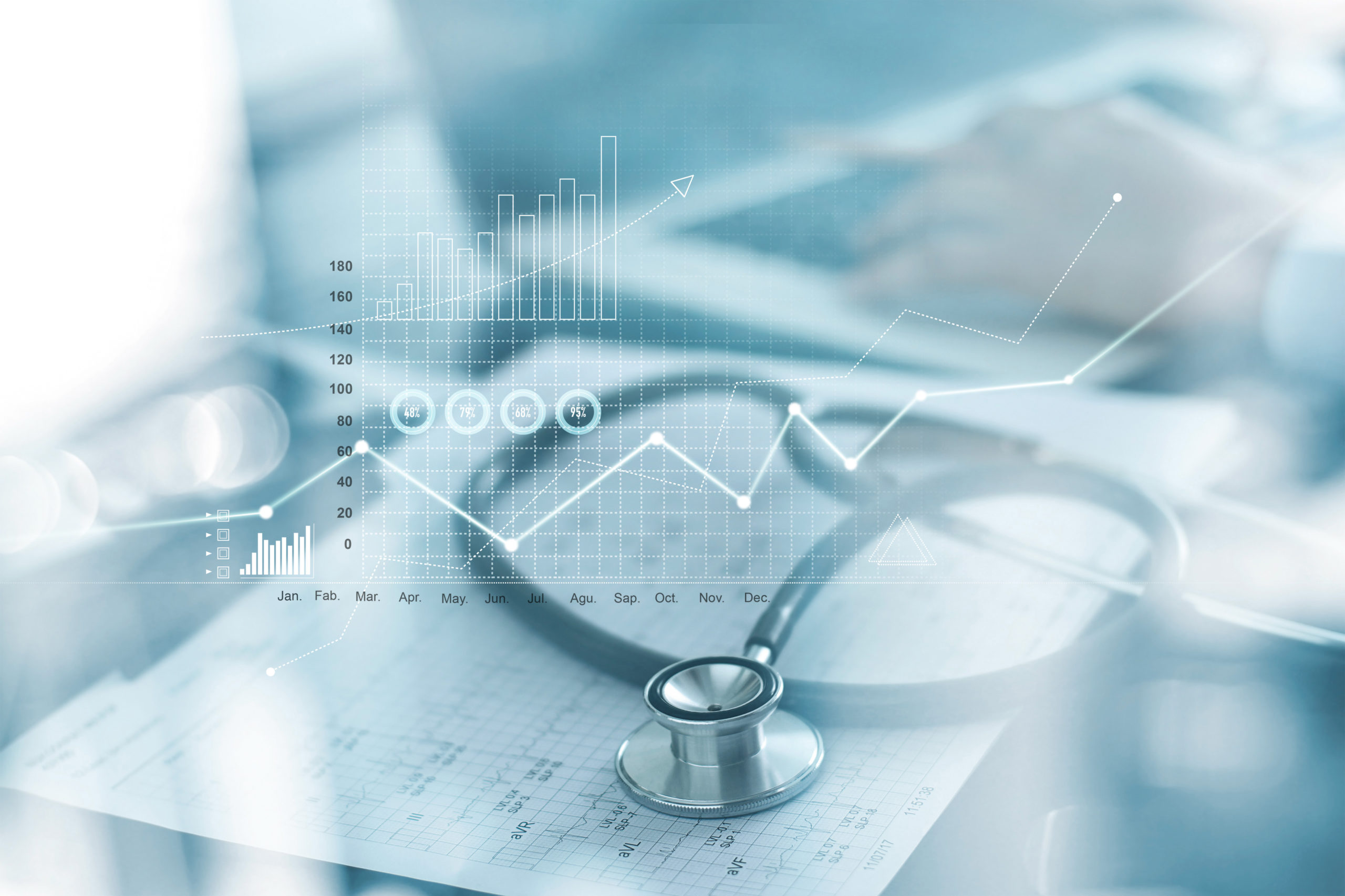 Healthcare Business Graph und Medizinische Untersuchung und Geschäftsmann Analyse von Daten und Wachstum Diagramm auf blauen Hintergrund