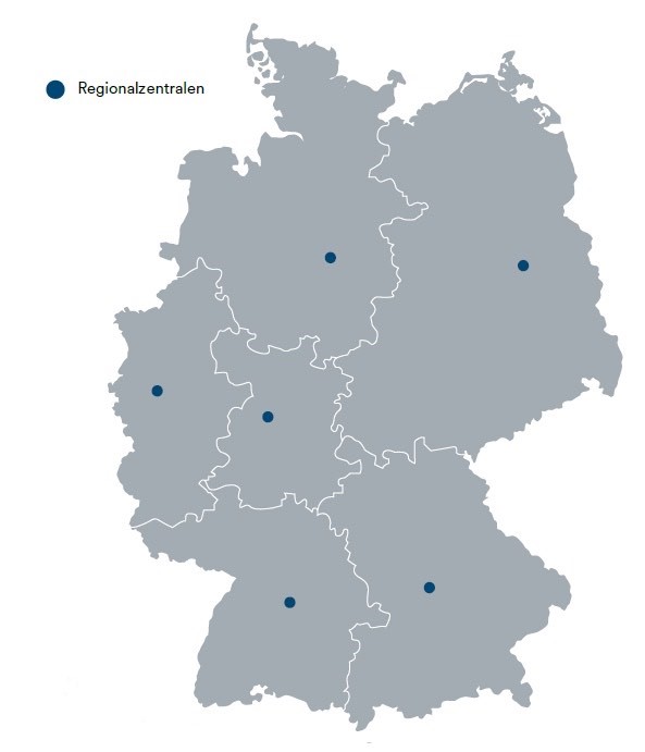 Deutschlandkarte mit Regionzentralen für Personaleinsatzplanung