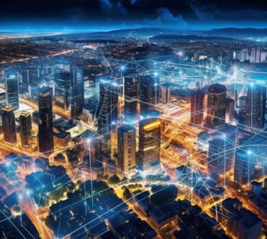 Smart Mobility: ein Bild von einer Stadt von oben, abends