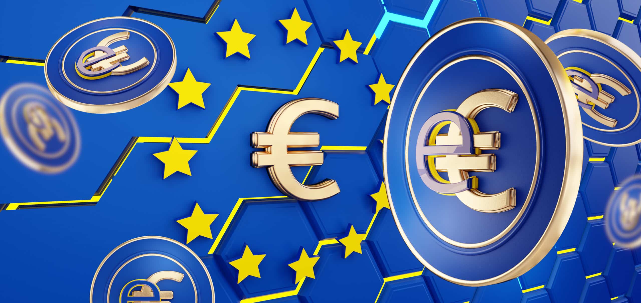 Das Bild zeigt einen digitalen Euro vor einer stilisierten Europaflagge