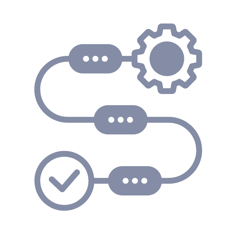 Icon für Architektur- und Prozessdesign – abstrahierter Ablauf mit Zahnradsymbol und Häkchen