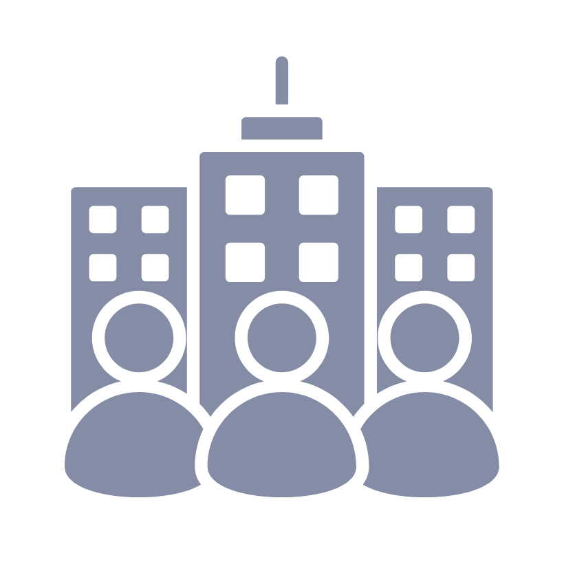 Symbolgrafik für Unternehmen – drei Personen vor Bürogebäuden als Darstellung für Organisation oder Geschäftseinheit