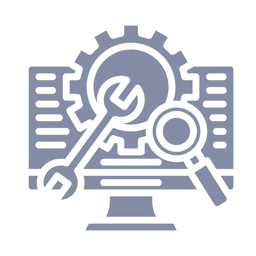Icon mit Monitor, Zahnrad, Schraubenschlüssel und Lupe – Symbol für technische Werkzeuge