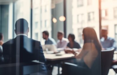 Gruppe von Business-Leuten sitzt in modernen Konferenzraum und unterhält sich, symbolisch für Security Trainings und Workshops