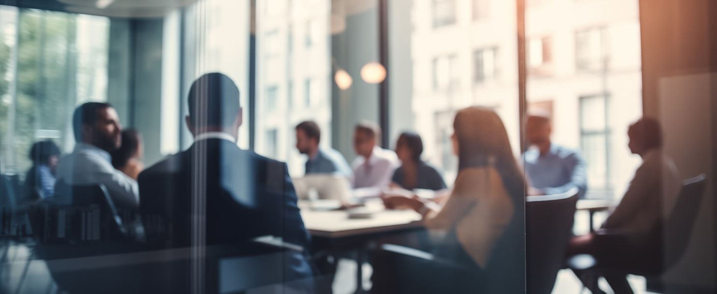 Gruppe von Business-Leuten sitzt in modernen Konferenzraum und unterhält sich, symbolisch für Security Trainings und Workshops