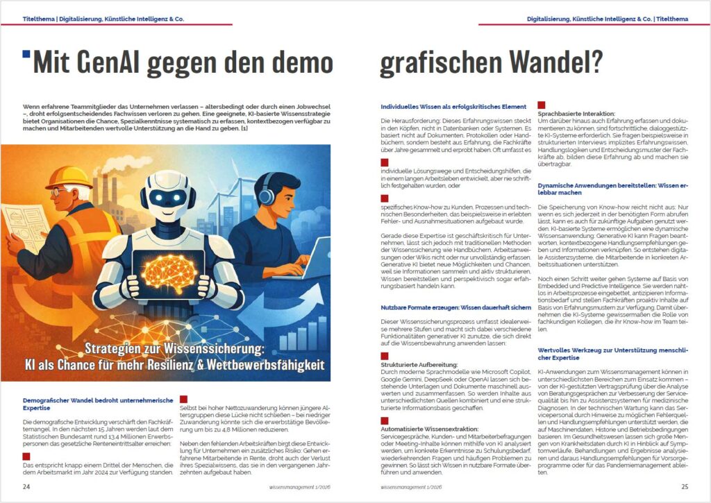 Abbildung von wissensmanagement Ausgabe 1/2026 mit deinem Artikel der IT-Beratung Consileon zum Einsatz von GenAI im Kampf gegen den Fachkräftemangel