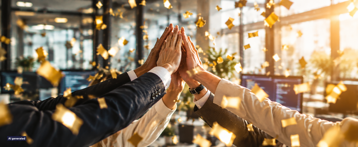 Mehrere Geschäftsleute geben sich in einem modernen Büro ein High-Five, im Hintergrund fliegendes goldenes Konfetti – Symbolbild für Erfolg und Auszeichnung als bester IT-Dienstleister 2027.